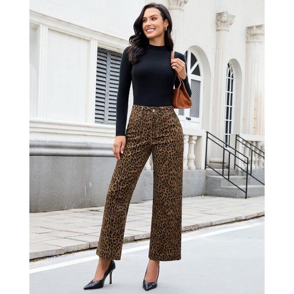 Wide Leg Denim Jeans Women High Waisted Ankle Length Leopard Cheetah Print - Picture 7 of 9